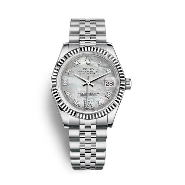 Rolex, Datejust 31 Watch Mother of pearl dial 18k White Gold Fluted Bezel Stainless steel Jubilee 178274-0086