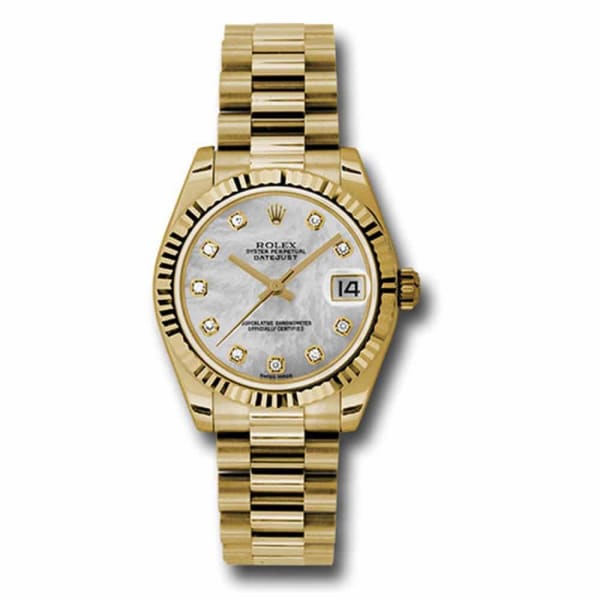 Rolex, Datejust 31 Watch Mother of pearl dial, Fluted bezel, President, Yellow Gold 178278 mdp