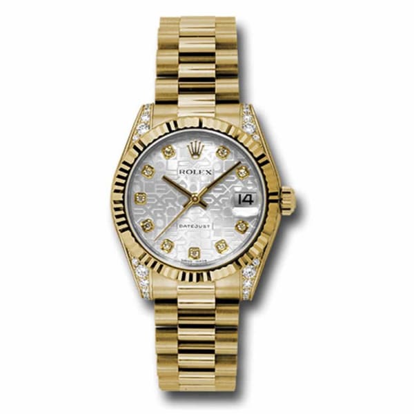 Rolex, Datejust 31 Watch Silver jubilee dial, Fluted bezel, Diamond case, President, Yellow Gold 178238