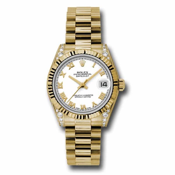 Rolex, Datejust 31 Watch White dial, Fluted bezel, Diamond case, President, Yellow Gold 178238 wrp