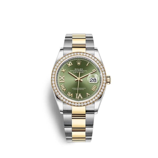 Wimbledon Rolex, Datejust 36mm, Two-Tone Stainless Steel and 18k yellow Gold Oyster bracelet, Olive green Diamond dial Diamond bezel, Stainless Steel and 18k yellow Gold Case Men's Watch 126283rbr-0012