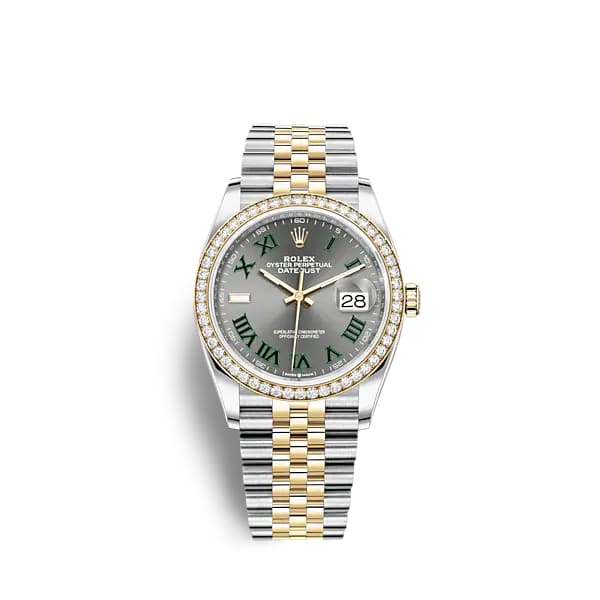 Wimbledon Rolex, Datejust 36mm, Two-Tone Stainless Steel and 18k Yellow Gold Jubilee bracelet, Slate dial Diamond bezel, Stainless Steel and 18k Yellow Gold Case Men's Watch 126283rbr-0021