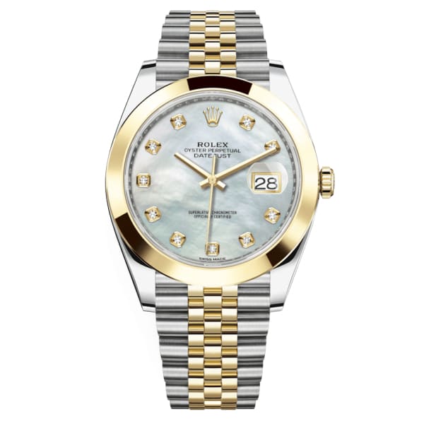 Rolex, Datejust 41mm, Two-Tone Stainless Steel and 18k Yellow Gold Jubilee bracelet, White mother-of-pearl diamond dial Smooth bezel, Stainless steel and 18k yellow gold Case Men's Watch, Ref. # 126303-0018