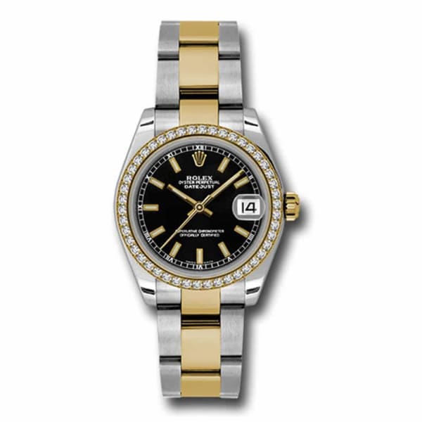Rolex, Datejust 31mm, Two-Tone Stainless Steel and 18k Yellow Gold Oyster bracelet, Black dial Diamond bezel, Ladies Watch 178383 bkio