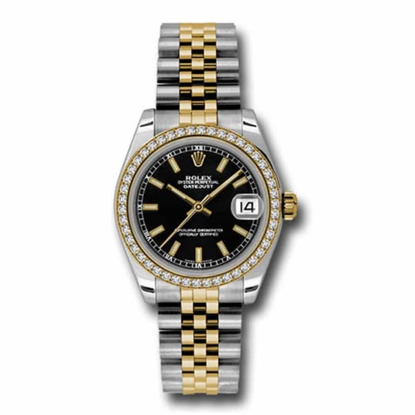 Rolex, Datejust 31mm, Two-Tone Stainless Steel and 18k Yellow Gold Jubilee bracelet, Black dial Diamond bezel, Ladies Watch 178383 bkij