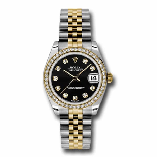 Rolex, Datejust 31mm, Two-Tone Stainless Steel and 18k Yellow Gold Jubilee bracelet, Black Diamond dial Diamond bezel, Ladies Watch 178383 bkdj