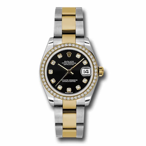 Rolex, Datejust 31mm, Two-Tone Stainless Steel and 18k Yellow Gold Oyster bracelet, Black Diamond dial Diamond bezel, Ladies Watch 178383 bkdo