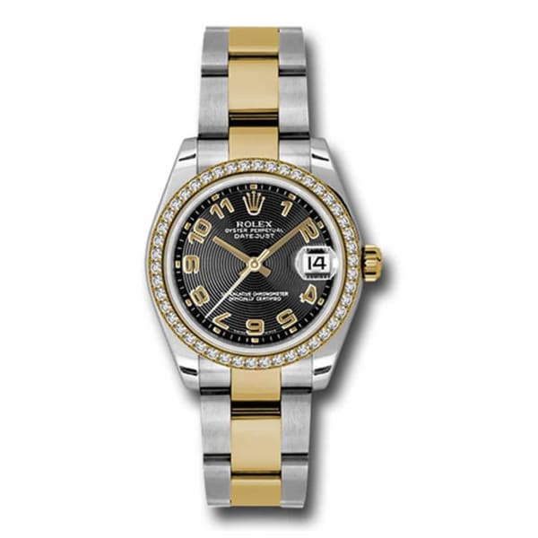 Rolex, Datejust 31mm, Two-Tone Stainless Steel and 18k Yellow Gold Oyster bracelet, Black dial Diamond bezel, Ladies Watch 178383 bkcao