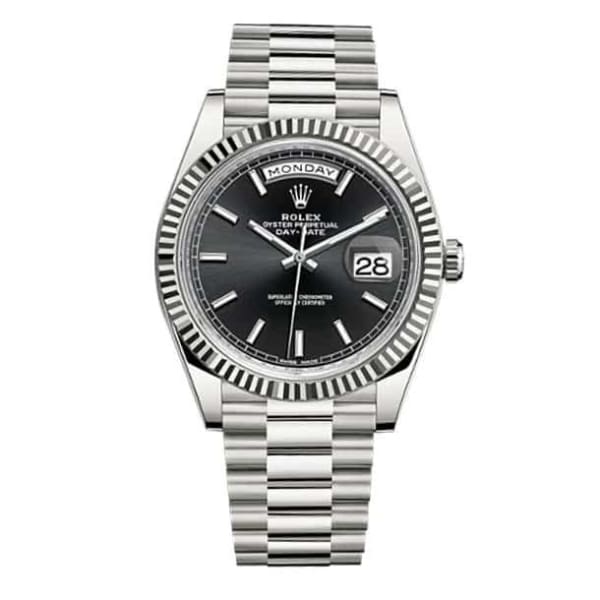 Rolex, Day-Date 40 Presidential Black dial, Fluted Bezel, President bracelet, White gold Watch 228239-0004