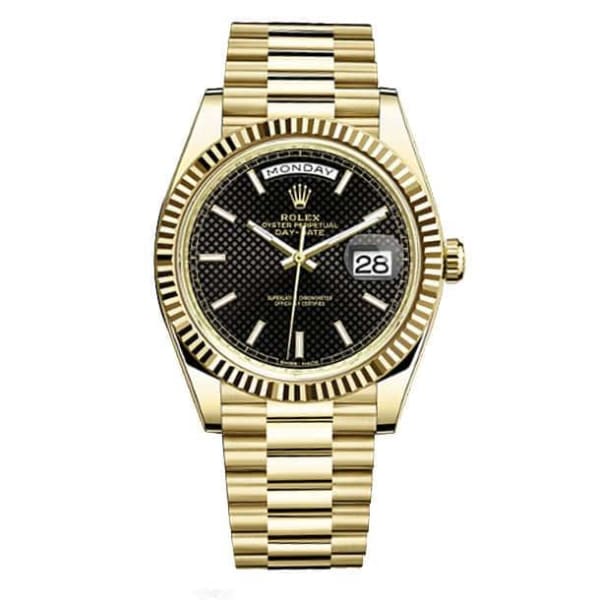 Rolex, Day-Date 40 Black dial, Fluted Bezel, President bracelet, Yellow gold Watch 228238-0007