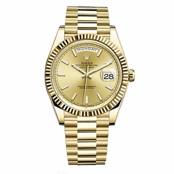 Rolex Day-Date 40 Presidential Champagne dial, Fluted Bezel, President bracelet, Yellow gold Watch 228238-0003