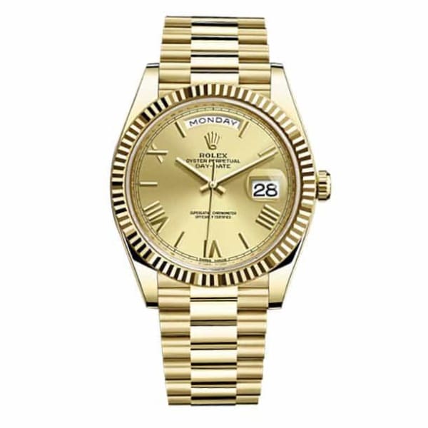 Rolex, Day-Date 40 Champagne dial, Fluted Bezel, President bracelet, Yellow gold Watch 228238-0006