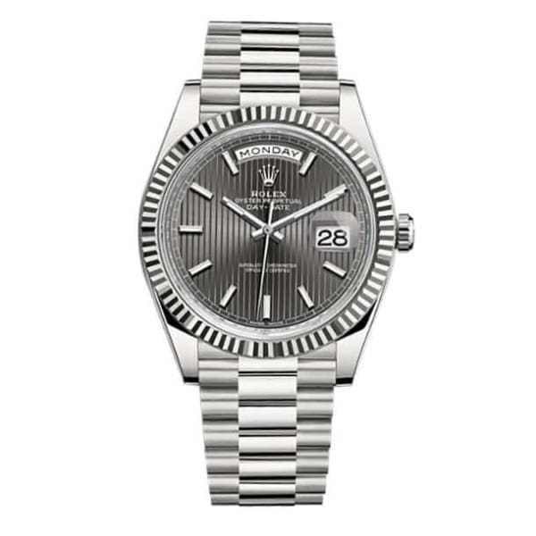 Rolex, Day-Date 40 Presidential Dark Rhodium dial, Fluted Bezel, President bracelet, White gold Watch 228239-0002