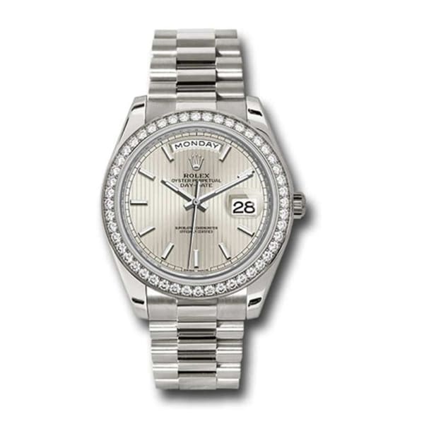 Rolex, Day-Date 40 Presidential Silver dial, Diamond Bezel, President bracelet, White gold Watch, 228349rbr-0007