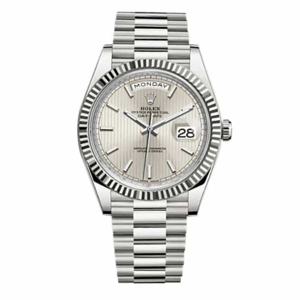 Rolex Day-Date 40 Presidential Silver dial, Fluted Bezel, President bracelet, White gold Watch 228239-0001
