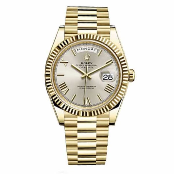 Rolex, Day-Date 40 Silver dial, Fluted Bezel, President bracelet, Yellow gold Watch 228238-0002