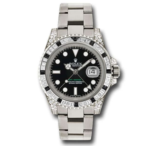 Rolex GMT Master II, Black Dial 18k White Gold Mens Watch with diamonds 116759SANR