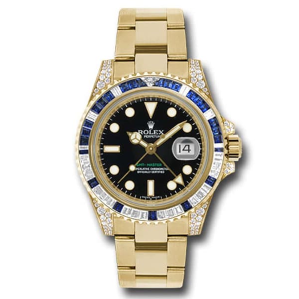 Rolex GMT Master II, Black Dial 18k Yellow Gold Mens Watch with diamonds 116758SA