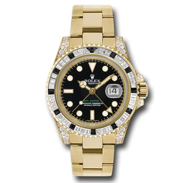 Rolex GMT Master II Black Dial 18k Yellow Gold Mens Watch with diamonds 116758SANR