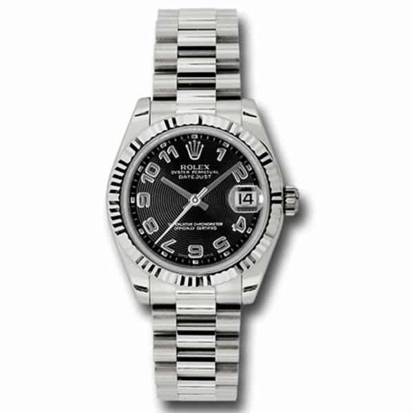 Rolex, Datejust 31mm, 18k White Gold President bracelet, Black dial Fluted bezel, 18K White gold Case Ladies Watch 178279 bkap