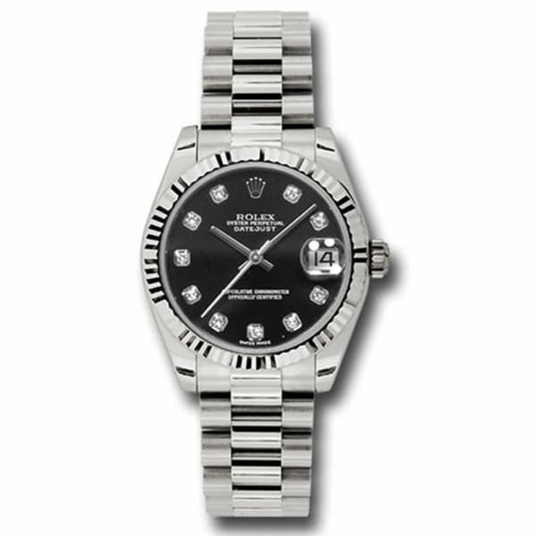 Rolex, Datejust 31mm, 18k White Gold President bracelet, Black dial Diamond bezel, 18K White gold Case Ladies Watch 178279 bkdp