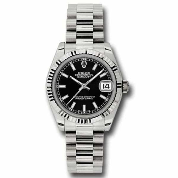 Rolex, Datejust 31mm, 18k White Gold President bracelet, Black dial Fluted bezel, 18K White gold Case Ladies Watch 178279 bkip