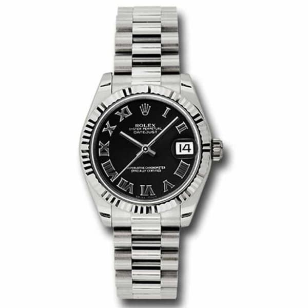 Rolex, Datejust 31mm, 18k White Gold President bracelet, Black dial Fluted bezel, 18K White gold Case Ladies Watch 178279 bkrp