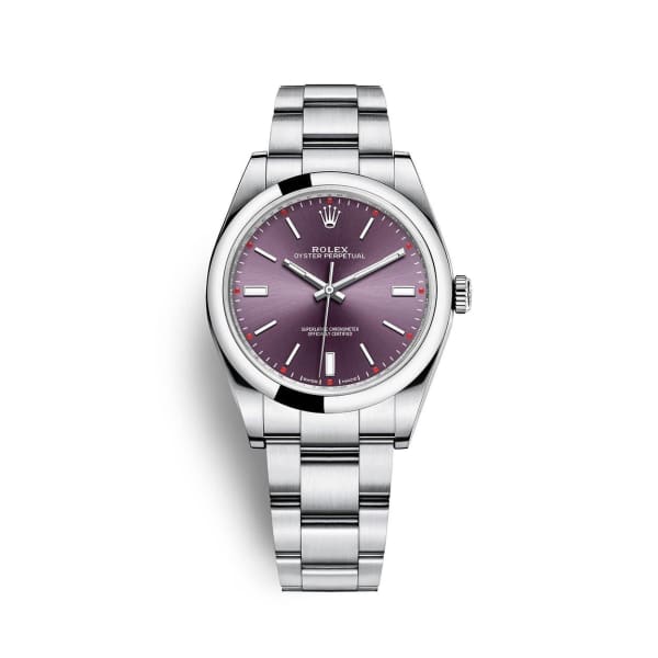 Rolex Oyster Perpetual 39mm Ref 114300 0002 Red Grape Stick Dial Stainless Steel Oyster Bracelet Watch