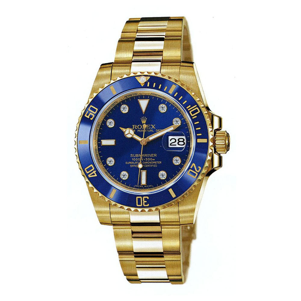 Rolex, Submariner 40 mm, 18k Yellow Gold Oyster bracelet, Blue Diamond dial Blue bezel, 18k Yellow Gold Case Men's Watch 116618bld