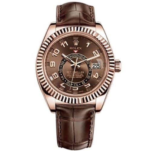 Rolex, Sky Dweller Brown Dial GMT 18k Rose Gold Leather Mens Watch 326135