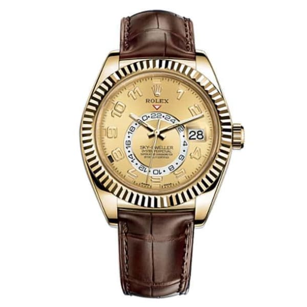 Rolex, Sky Dweller Champagne Dial 18kt Yellow Gold Brown Leather Mens Watch 326138CH