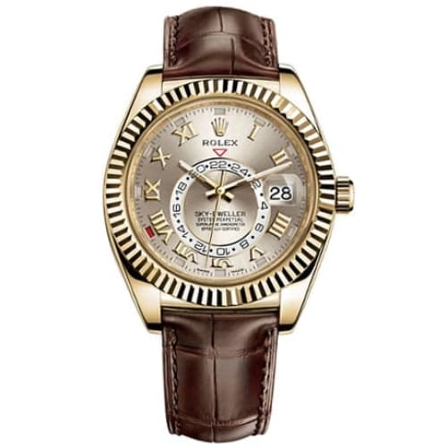 Rolex, Sky Dweller Silver Dial 18kt Yellow Gold Brown Leather Mens Watch 326138