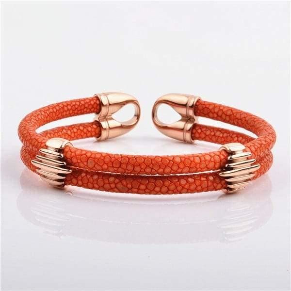 Stainless Steel Charm Rose Gold Plated With Real Stingray Leather Men’s Bracelet Orange