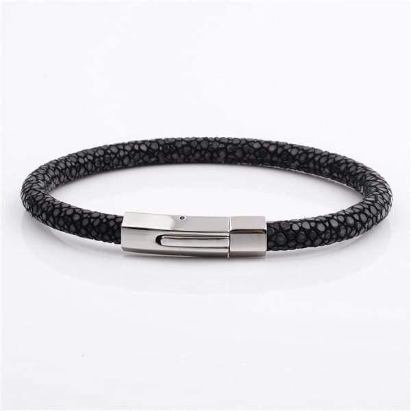 Stainless Steel Charm With Real Stingray Leather Men’s Bracelet Black