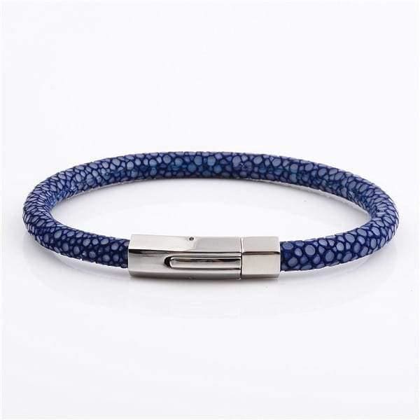 Stainless Steel Charm With Real Stingray Leather Men’s Bracelet Blue