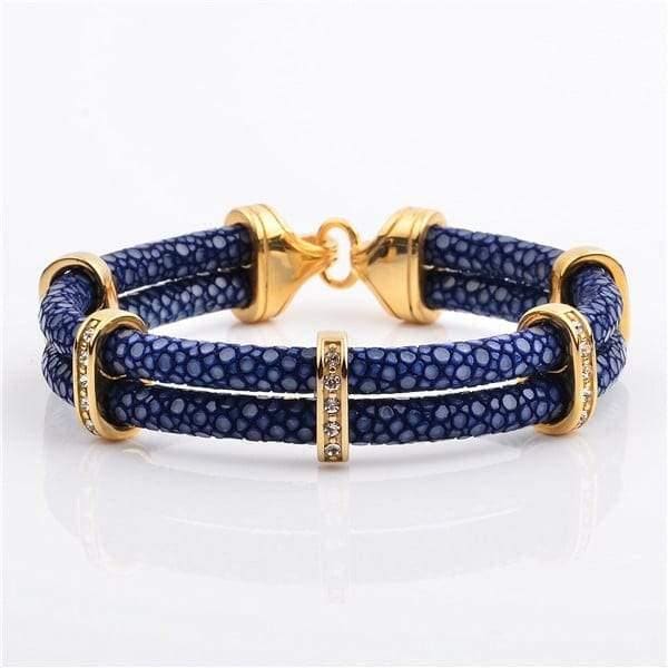 Stainless Steel Charm With Real Stingray Leather Men’s Bracelet Blue & Gold color