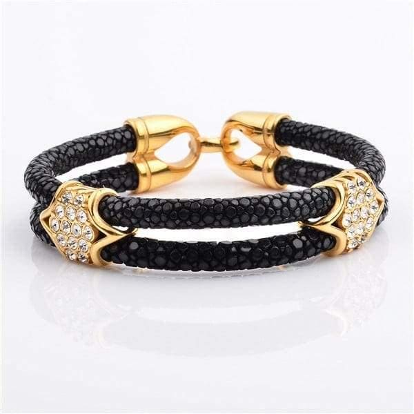 Stainless Steel Charm With Real Stingray Leather Men’s Bracelet With Cz Stones Black & Gold color