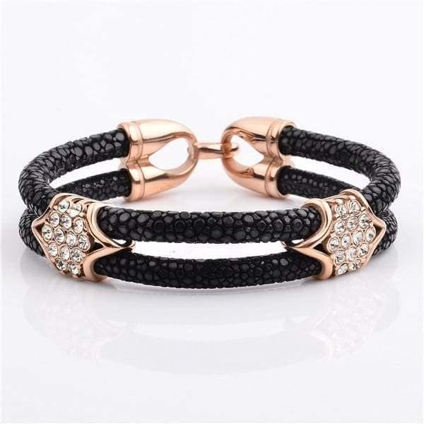 Stainless Steel Charm With Real Stingray Leather Men’s Bracelet With Cz Stones Black & Rose Gold color