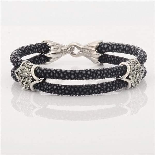 Stainless Steel Charm With Real Stingray Leather Men’s Bracelet With Cz Stones Black & Silver color