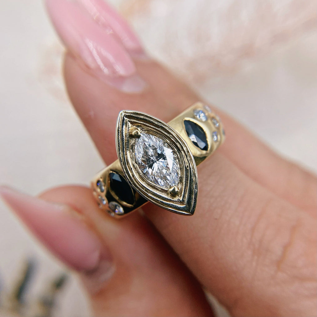 Stunning 14K yellow gold diamond fashion cocktail ring 