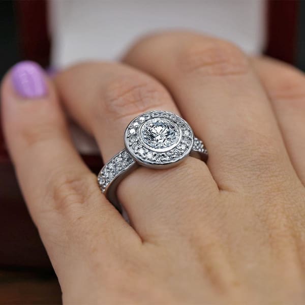 Stunning Halo Engagement Ring With Center 1.35ct. Round Diamond RN-173500, Ring on a finger
