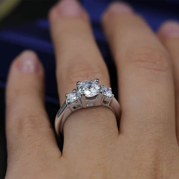 Three-stone Platinum engagement ring with 1.00ct Center Round Diamond ENG-25000, Ring on a finger
