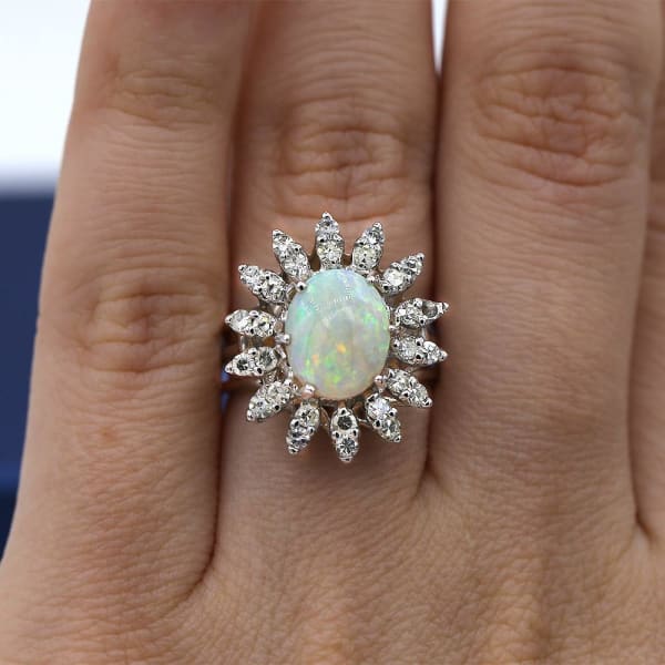 Vintage Opal and White Diamonds Fashion Ring crafted in 14k White Gold OPR-850, Ring on a finger