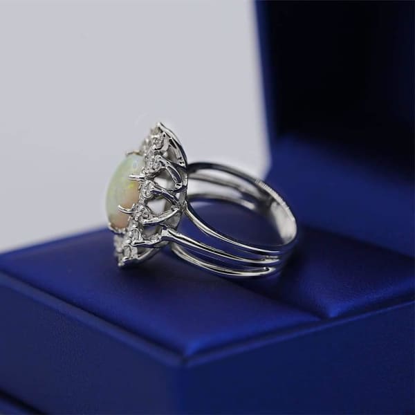 Vintage Opal and White Diamonds Fashion Ring crafted in 14k White Gold OPR-850, Ring in packing