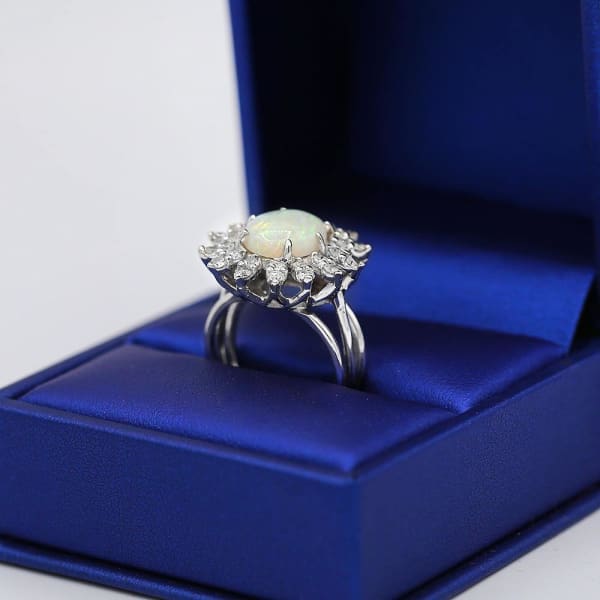 Vintage Opal and White Diamonds Fashion Ring crafted in 14k White Gold OPR-850, Ring in packing