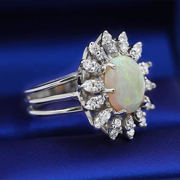 Vintage Opal and White Diamonds Fashion Ring crafted in 14k White Gold OPR-850