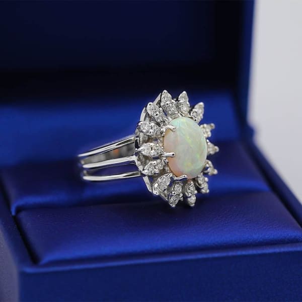 Vintage Opal and White Diamonds Fashion Ring crafted in 14k White Gold OPR-850, Ring in packing,  left
