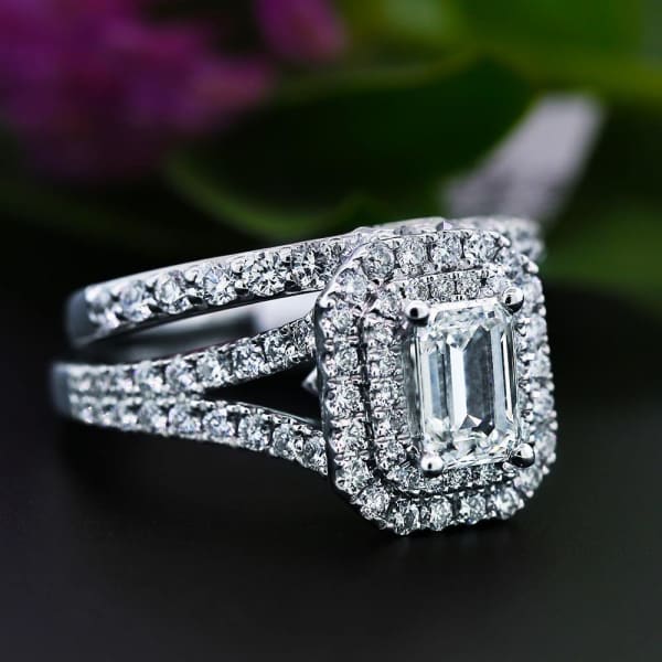 Wedding Bands Set features center 1.25ct Emerald Diamond and 1.00ct of side diamonds ENG-20005, Left