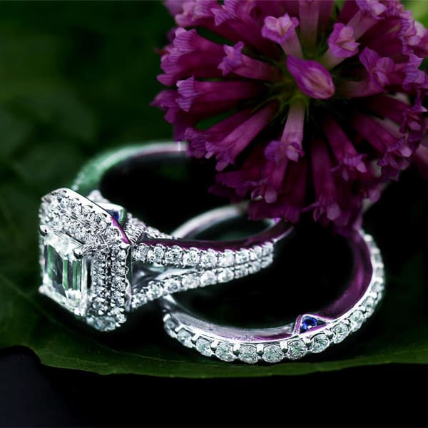 Wedding Bands Set features center 1.25ct Emerald Diamond and 1.00ct of side diamonds ENG-20005, Right