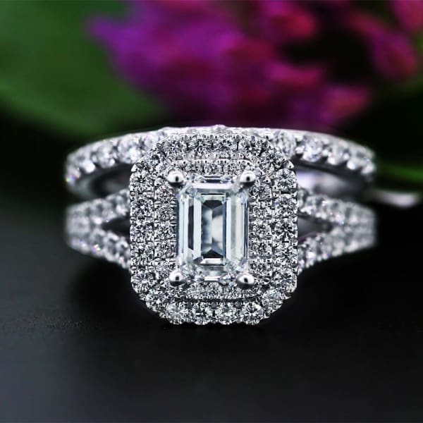 Wedding Bands Set features center 1.25ct Emerald Diamond and 1.00ct of side diamonds ENG-20005, Full face